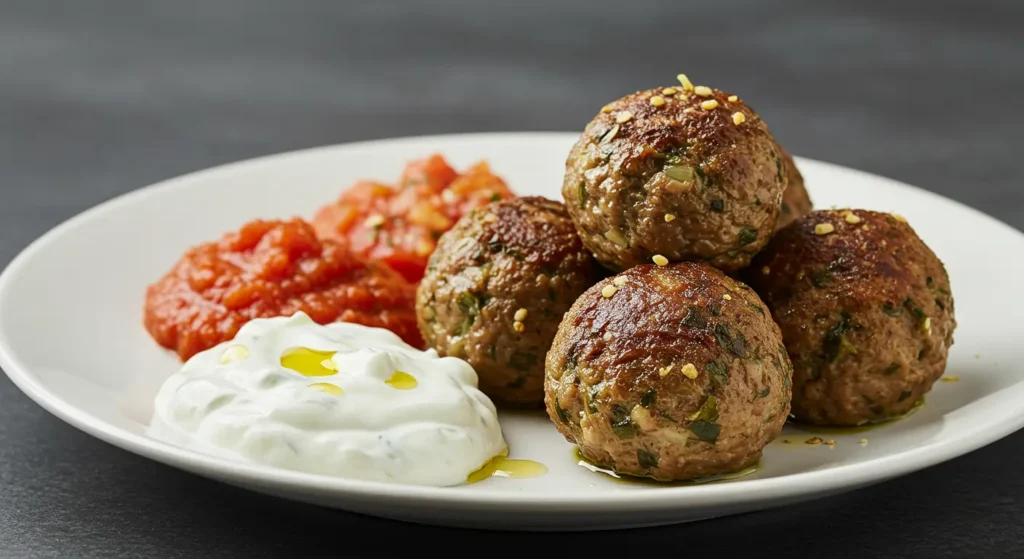 meatballs no bredcrumbs serve with tzatziki or lemony tomato sauce