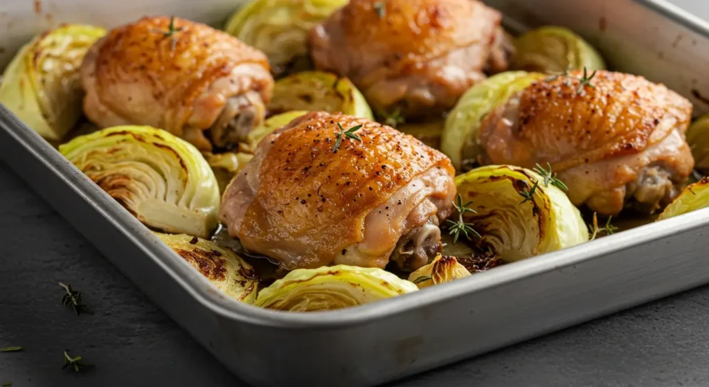 Roasted Chicken Thighs with Cabbage in a stainless Baking Sheet