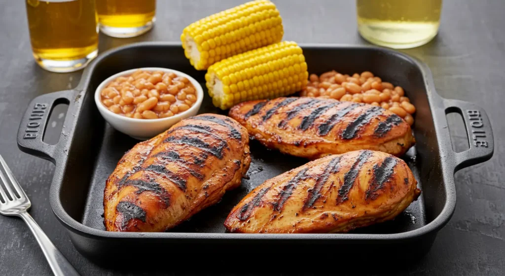BBQ black stone chicken Serve with baked beans and corn on the cob
