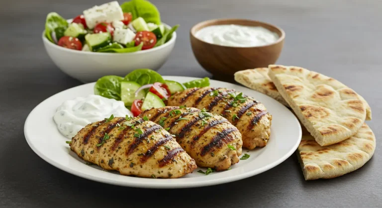 blackstine chicken with greek salad and warm pita.