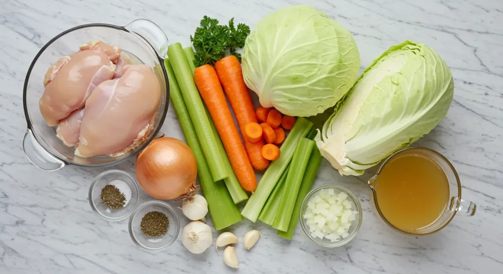 ingredients for chicken and cabbage soup